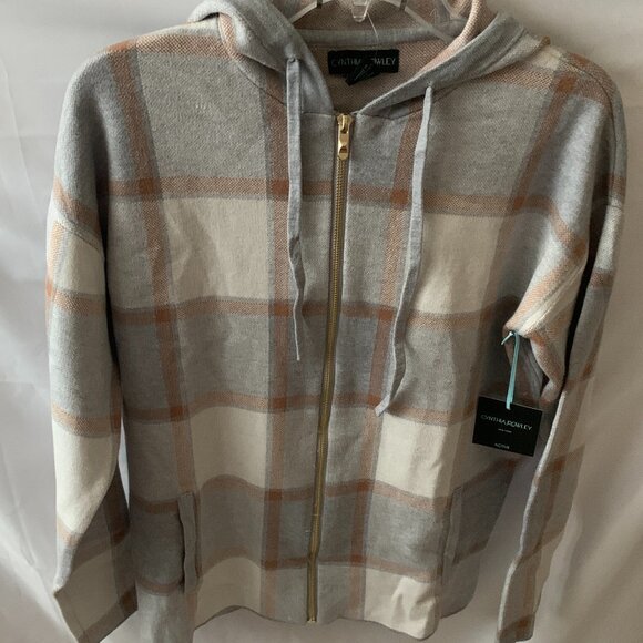CYNTHIA ROWLEY Plaid Knit Zip Up Hoodie Sweater in Heather Grey/Tan Sz MEDIUM - Picture 2 of 3
